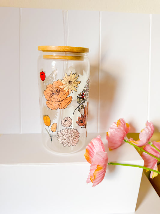 Floral Glass Cup With Bamboo Lid & Straw – 16oz