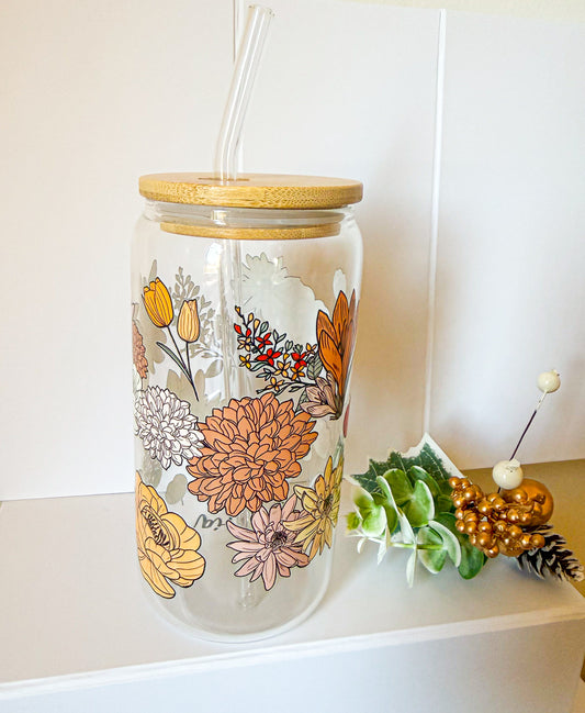 Floral Glass Cup With Bamboo Lid & Straw – 16oz