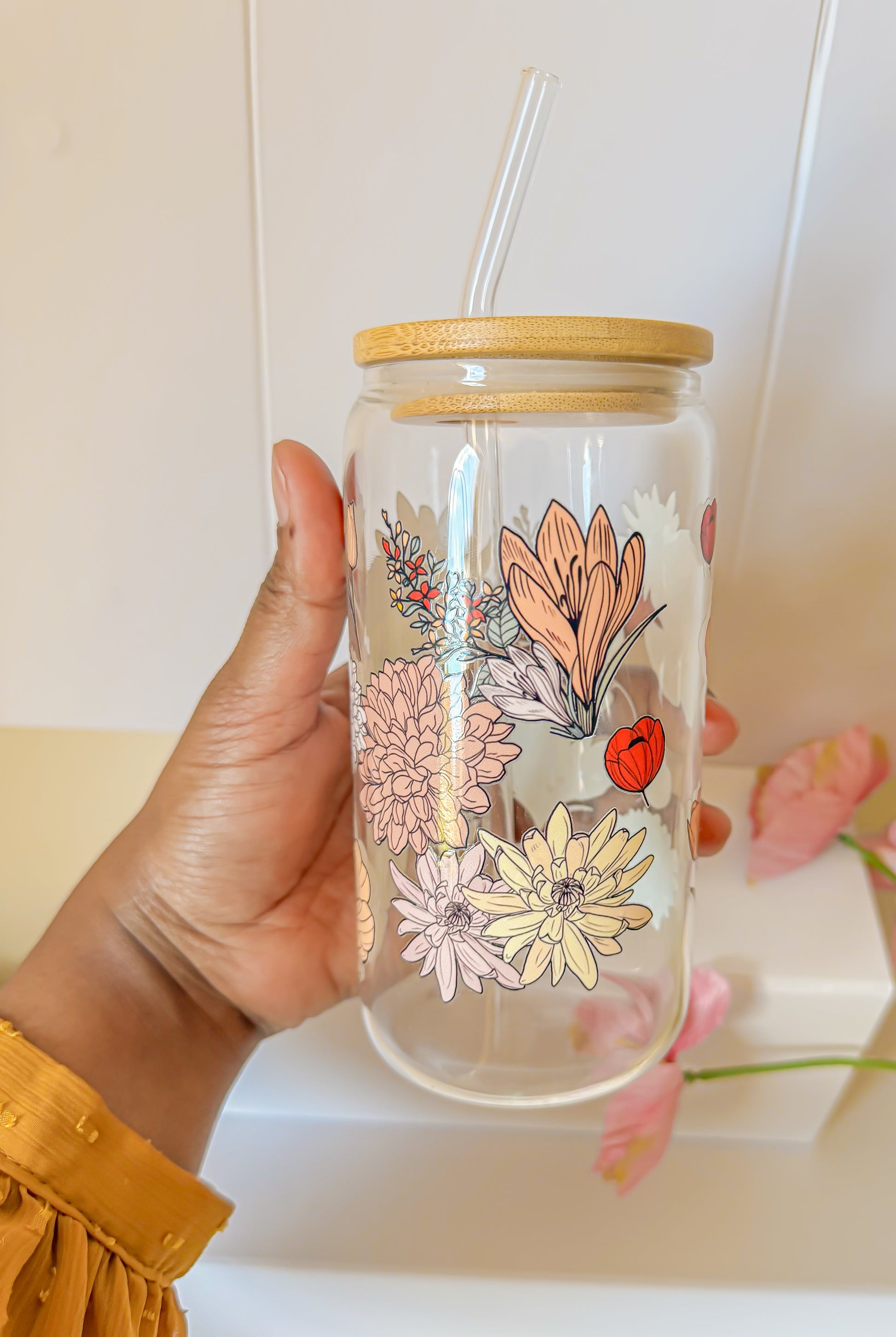 16 oz glass cup with bamboo lid Floral Glass Cup with Bamboo Lid & Straw – Aesthetic 16oz Iced Coffee Cup